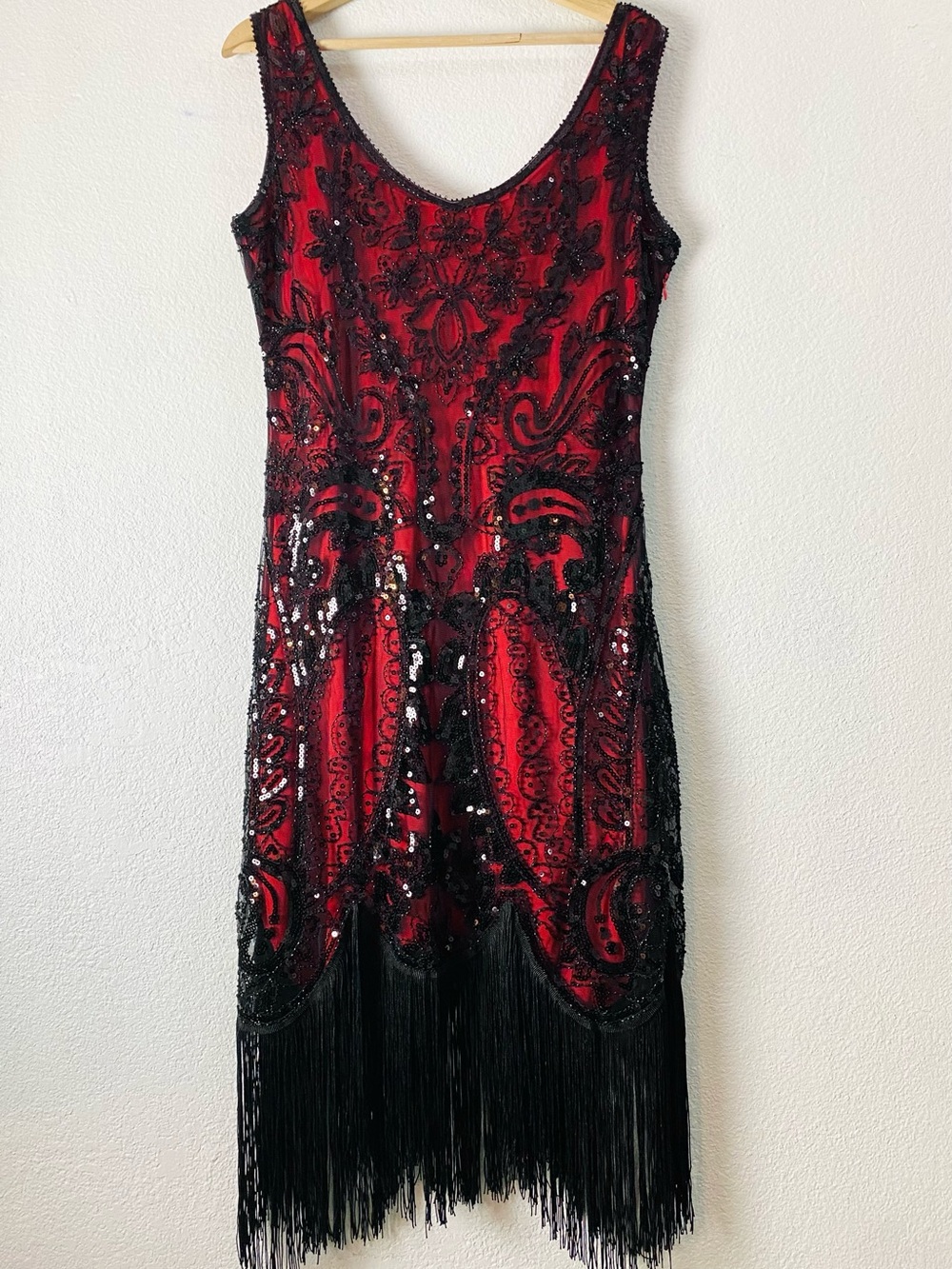 Fundaisy 1920s Red Black Sequin Fringe Flapper Dress Large Gatsby Cocktail Party - Picture 3 of 12